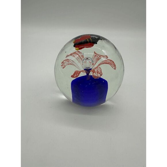 Murano Style Paperweight Hand Blown 3.5” Tall Flower with Butterfly - Picture 1 of 10